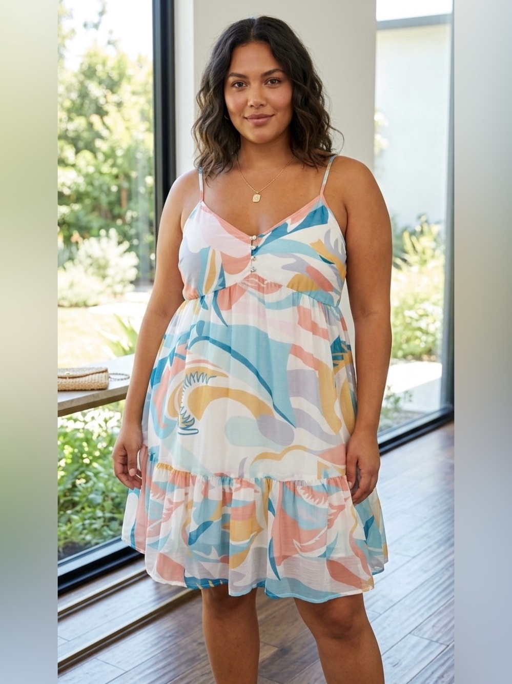 entro  Abstract Tropical Pastel Peach White Blue Cami Babydoll Tunic Dress ~ L